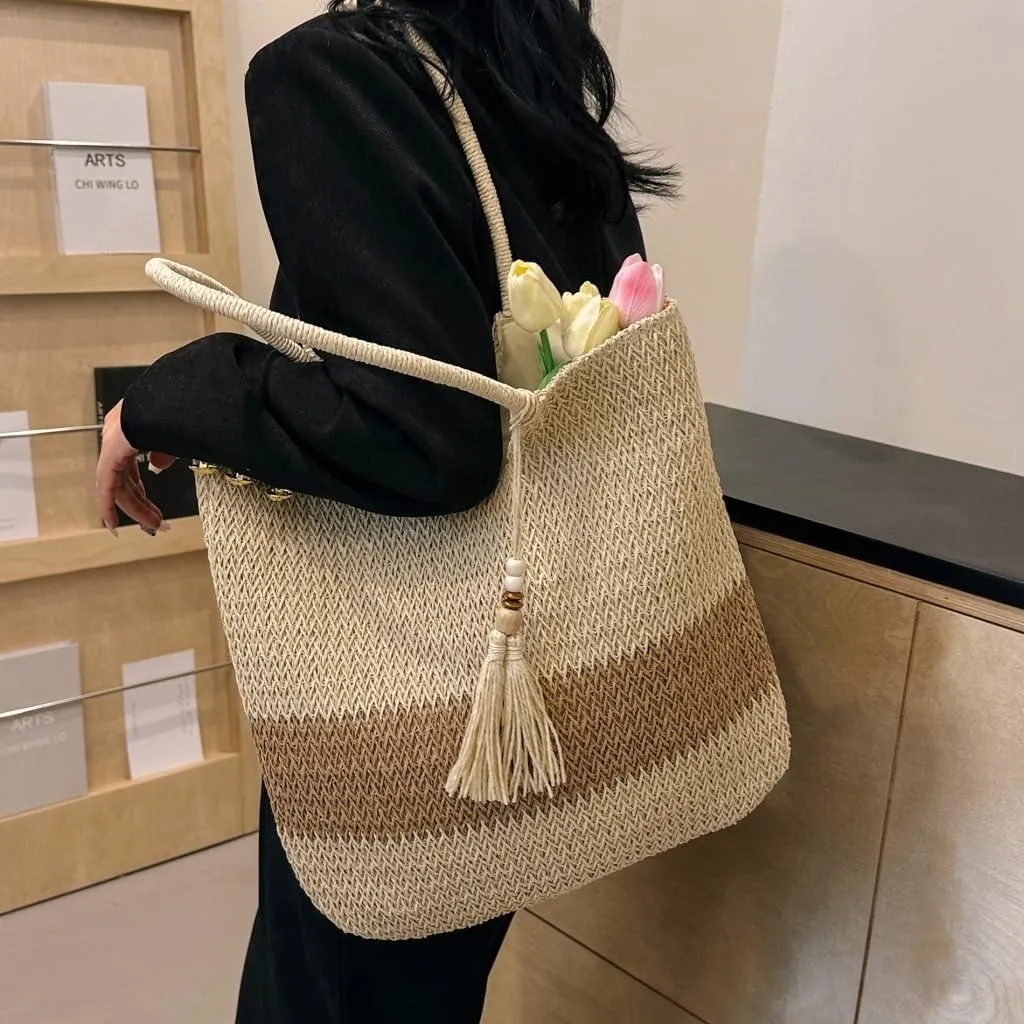 Large capacity Bag Casual Striped Straw Handbag with Tassels: Enjoy a Pleasant Time Ladies shoulder Bag