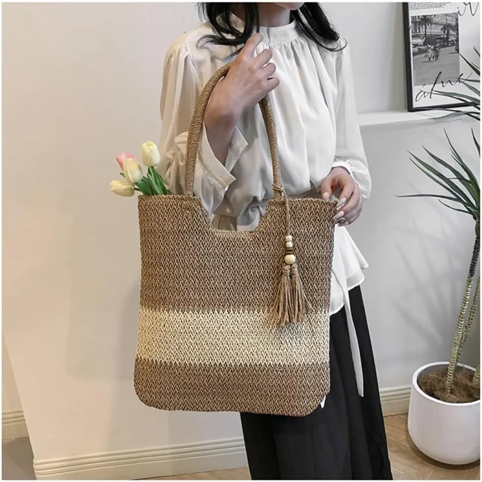 Large capacity Bag Casual Striped Straw Handbag with Tassels: Enjoy a Pleasant Time Ladies shoulder Bag