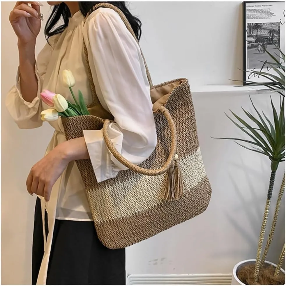 Large capacity Bag Casual Striped Straw Handbag with Tassels: Enjoy a Pleasant Time Ladies shoulder Bag