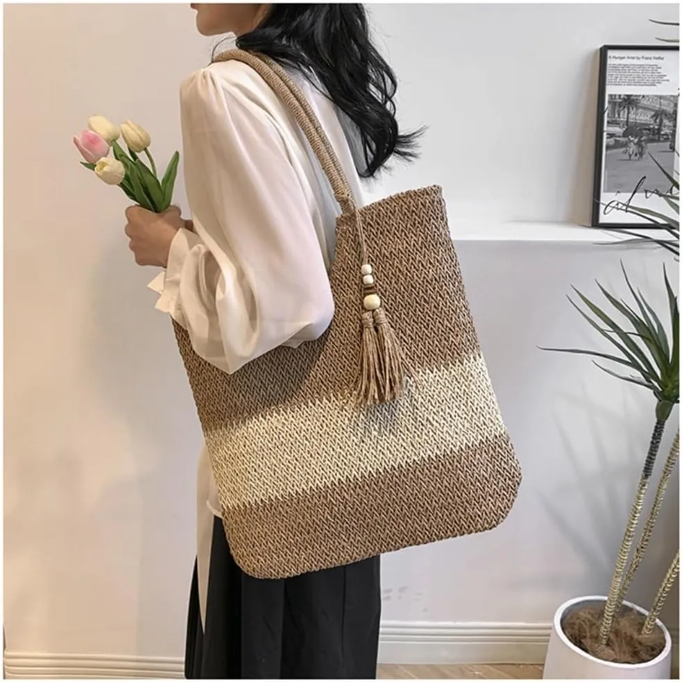Large capacity Bag Casual Striped Straw Handbag with Tassels: Enjoy a Pleasant Time Ladies shoulder Bag