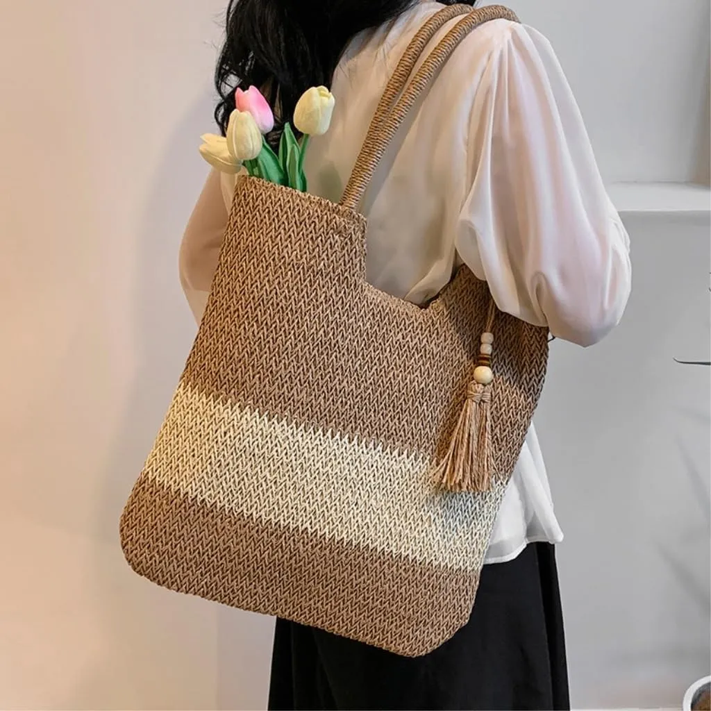 Large capacity Bag Striped Straw Handbag with Tassel Decoration, Combining Practicality and Aesthetics Ladies shoulder Bag(Brown)