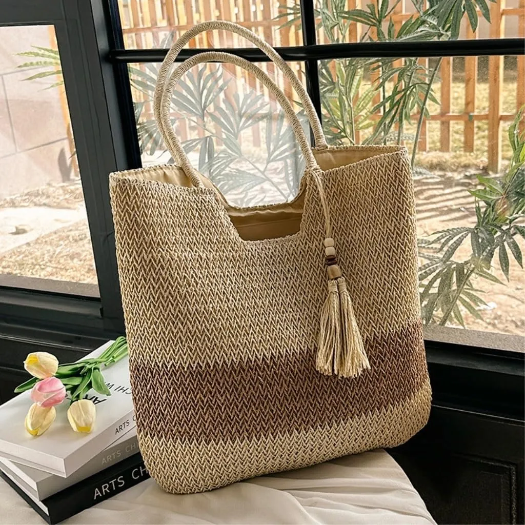 Large capacity Bag Striped Straw Handbag with Tassel Decoration, Combining Practicality and Aesthetics Ladies shoulder Bag(Brown)