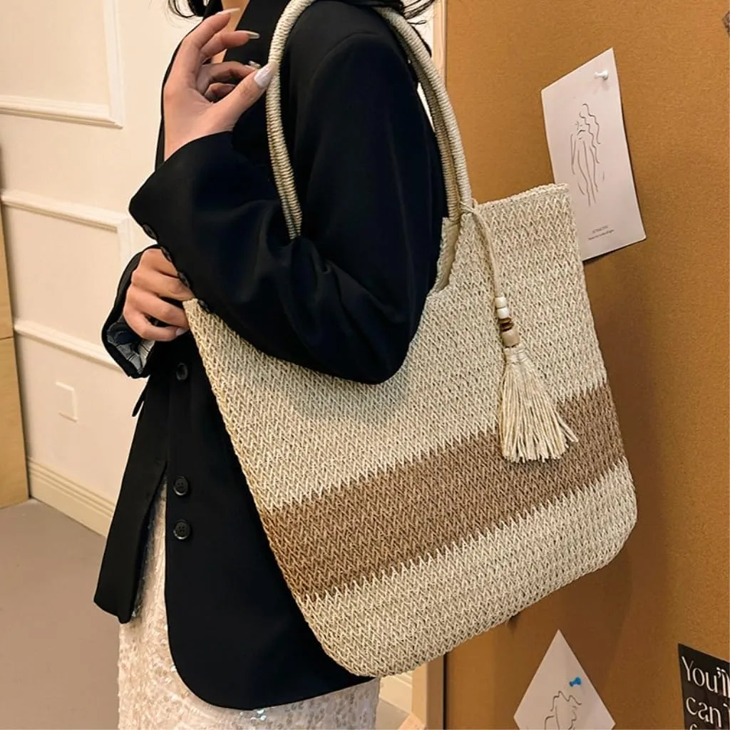 Large capacity Bag Striped Straw Handbag with Tassel Decoration, Combining Practicality and Aesthetics Ladies shoulder Bag(Brown)