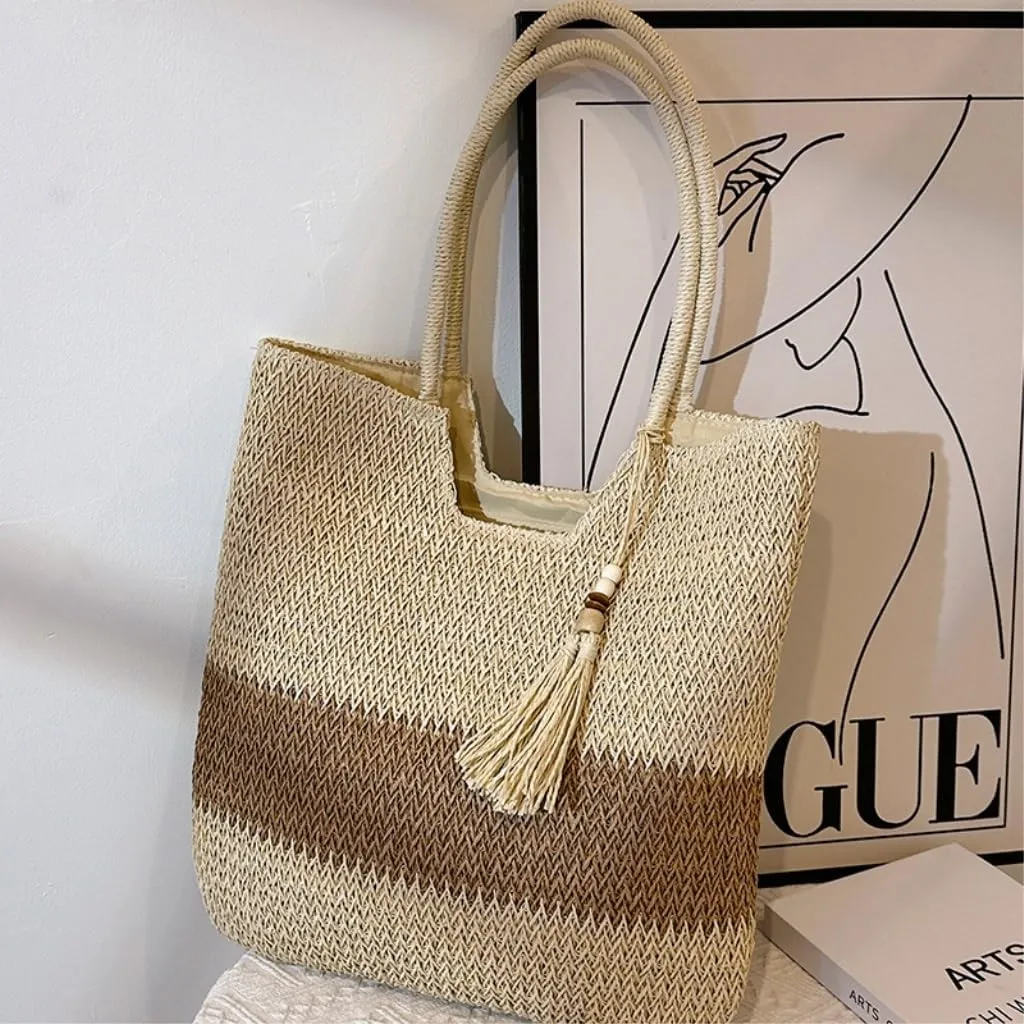 Large capacity Bag Striped Straw Handbag with Tassel Decoration, Combining Practicality and Aesthetics Ladies shoulder Bag(Brown)