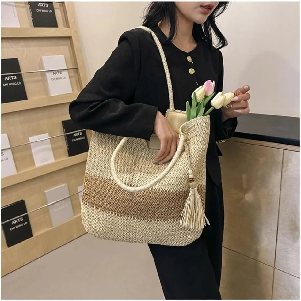 Large capacity Bag Striped Straw Handbag with Tassel Decoration, Combining Practicality and Aesthetics Ladies shoulder Bag(Brown)