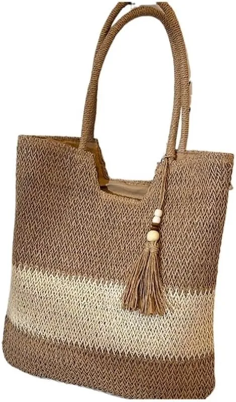 Large capacity Bag Striped Straw Handbag with Tassel Decoration, Combining Practicality and Aesthetics Ladies shoulder Bag(Brown)