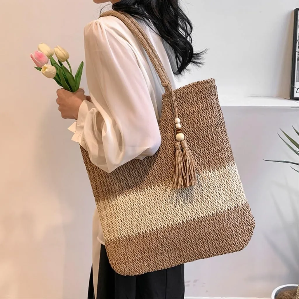 Large capacity Bag Striped Straw Handbag with Tassel Decoration, Combining Practicality and Aesthetics Ladies shoulder Bag(Brown)