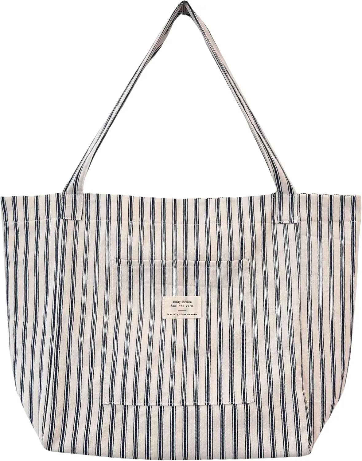 Large Capacity Stripe Tote Bag Versatile Canvas Shopping Bag for Work Travel and Daily Use with Inner-pocket