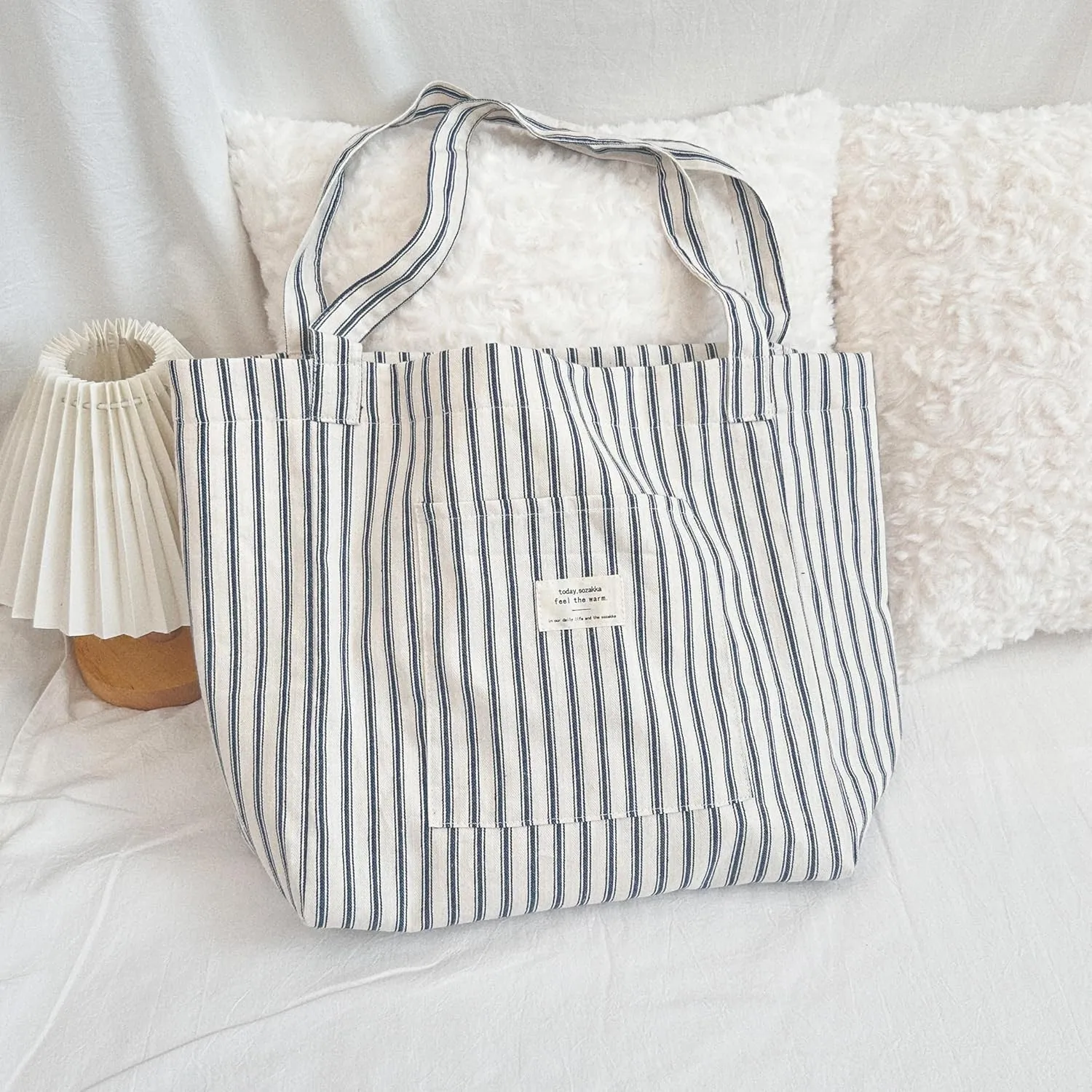 Large Capacity Stripe Tote Bag Versatile Canvas Shopping Bag for Work Travel and Daily Use with Inner-pocket