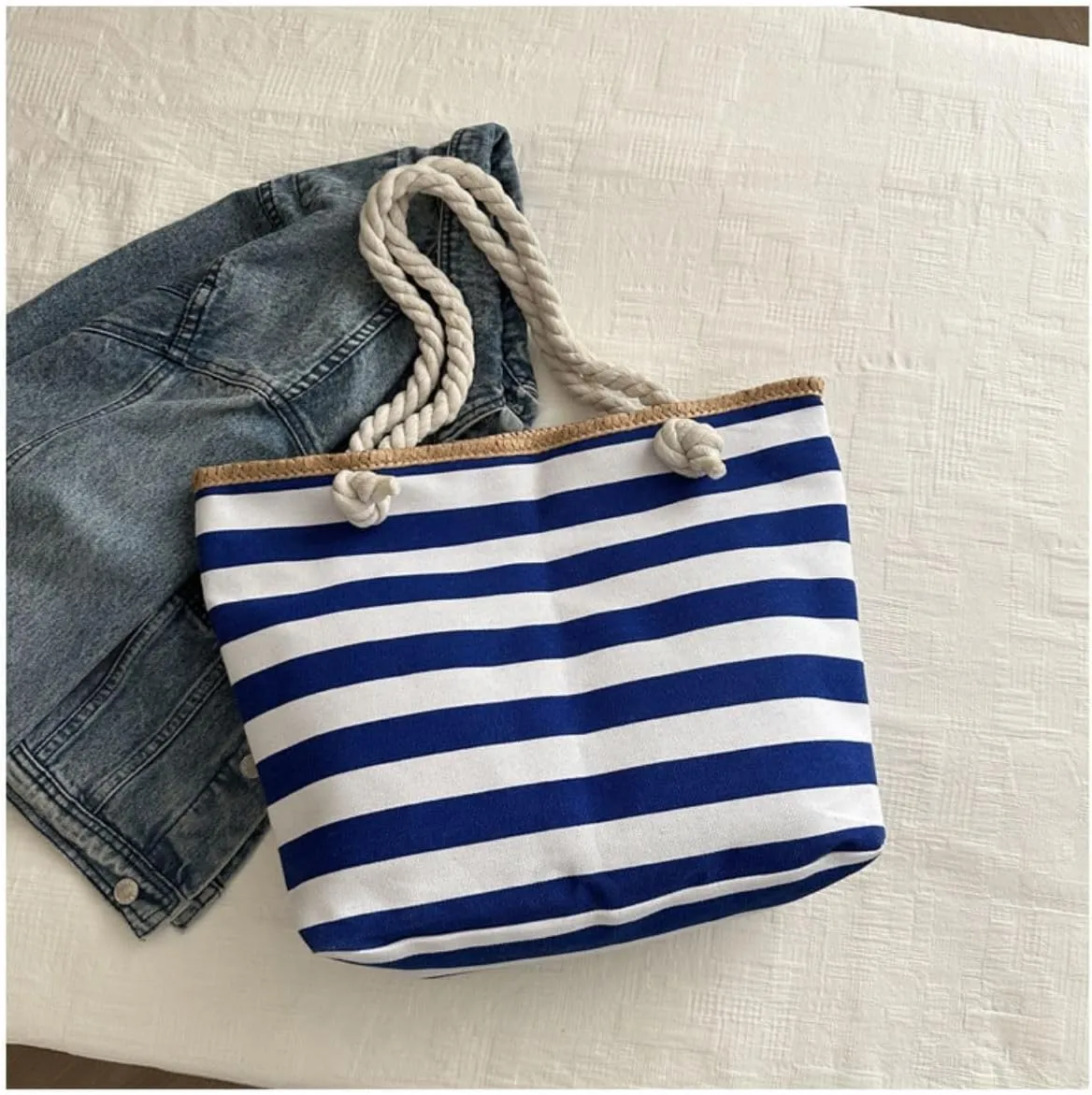 Large Capacity Striped Canvas Tote Bag with Zipper, Durable Shoulder Handbag for Women, Spacious Work Shopping Bag