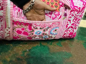 Large Cotton Weekender Travel Bag, Handmade Quilted Fabric Duffle Bag, Block Printed Overnight Bags, Hand Luggage Bag, Bags for Women Pink Bags (Color-1, 20X10X10" Inch)