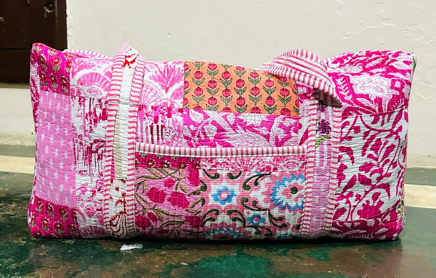 Large Cotton Weekender Travel Bag, Handmade Quilted Fabric Duffle Bag, Block Printed Overnight Bags, Hand Luggage Bag, Bags for Women Pink Bags (Color-1, 20X10X10" Inch)