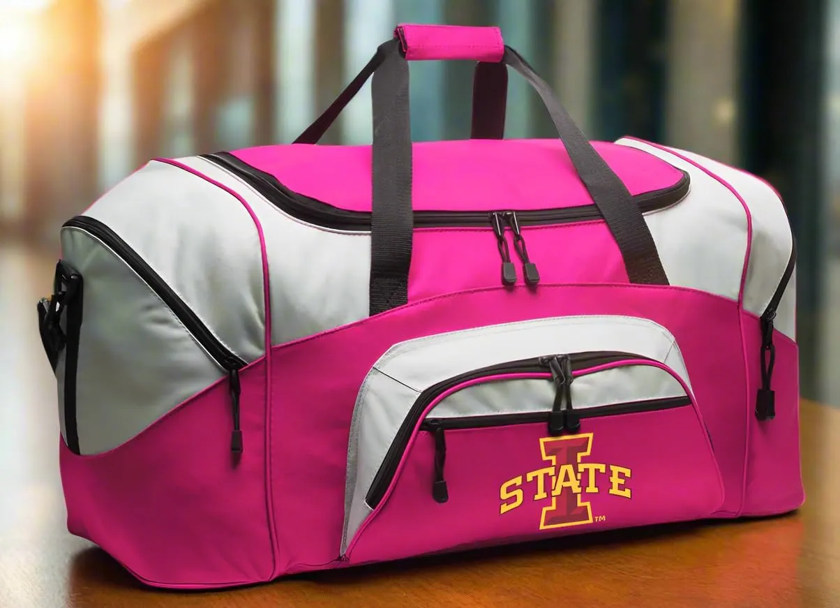 LARGE ISU Cyclones Duffel Bag Iowa State Suitcase or Gym Bag For Men Or Her (Pink)
