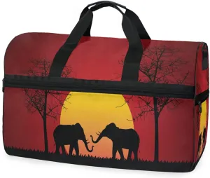 Large Travel Duffel Bag for Women Men African Animal Elephant Tree Sports Tote Gym Bag Shoulder Weekender Foldable Overnight Bags with Shoe Compartments, Lightweight