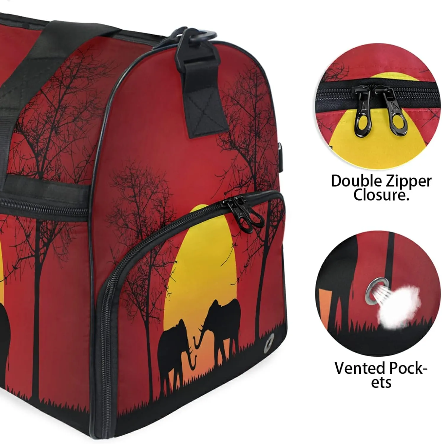 Large Travel Duffel Bag for Women Men African Animal Elephant Tree Sports Tote Gym Bag Shoulder Weekender Foldable Overnight Bags with Shoe Compartments, Lightweight