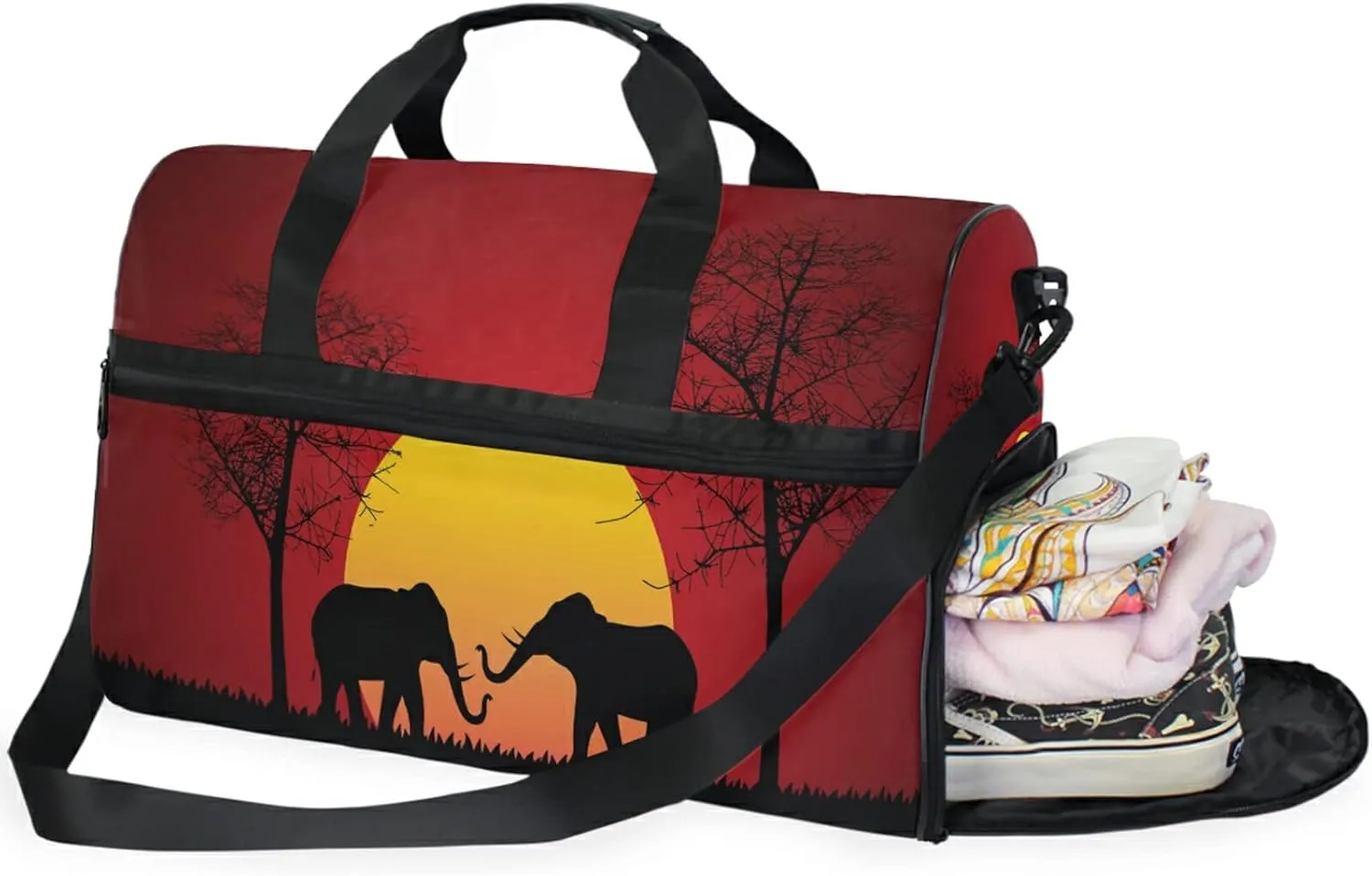 Large Travel Duffel Bag for Women Men African Animal Elephant Tree Sports Tote Gym Bag Shoulder Weekender Foldable Overnight Bags with Shoe Compartments, Lightweight