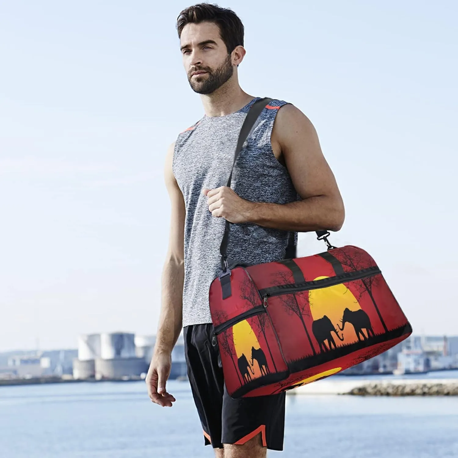 Large Travel Duffel Bag for Women Men African Animal Elephant Tree Sports Tote Gym Bag Shoulder Weekender Foldable Overnight Bags with Shoe Compartments, Lightweight