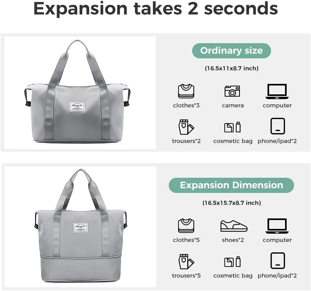 Large Travel Duffel Bag Waterproof Expandable Duffel Gym Tote Bag Weekender Bags with Trolley Sleeve Carry On Overnight Bags for Women Gray