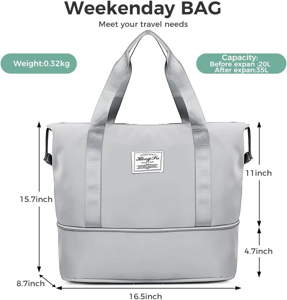 Large Travel Duffel Bag Waterproof Expandable Duffel Gym Tote Bag Weekender Bags with Trolley Sleeve Carry On Overnight Bags for Women Gray