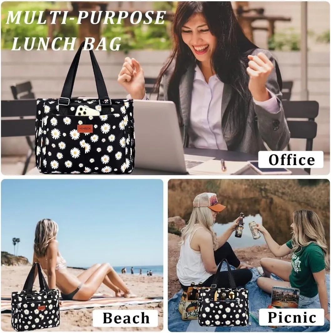 Large Women Lunch Bags for Work/Insulated Adult Lunch Box for Women/Leakproof Cooler Lunch Tote Bag with Storage Pocket. Reusable Lunch Cooler Purse for Work Picnic Hiking 14L, Floral
