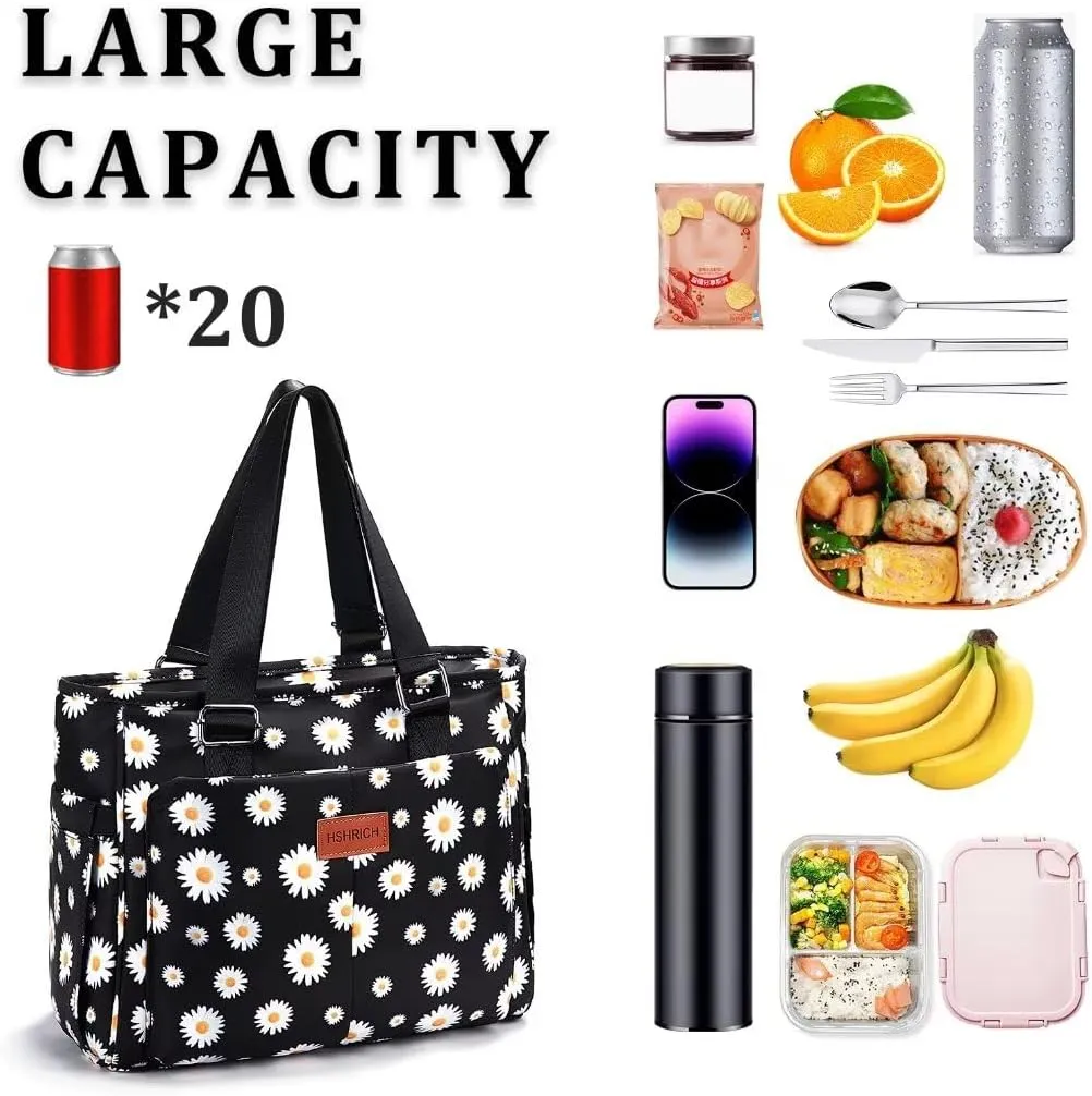 Large Women Lunch Bags for Work/Insulated Adult Lunch Box for Women/Leakproof Cooler Lunch Tote Bag with Storage Pocket. Reusable Lunch Cooler Purse for Work Picnic Hiking 14L, Floral