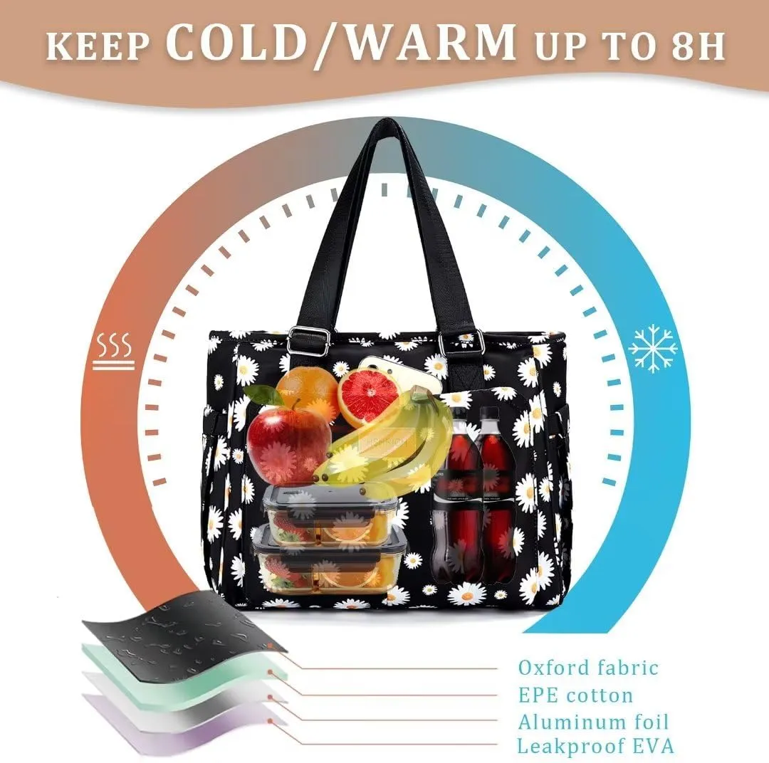 Large Women Lunch Bags for Work/Insulated Adult Lunch Box for Women/Leakproof Cooler Lunch Tote Bag with Storage Pocket. Reusable Lunch Cooler Purse for Work Picnic Hiking 14L, Floral