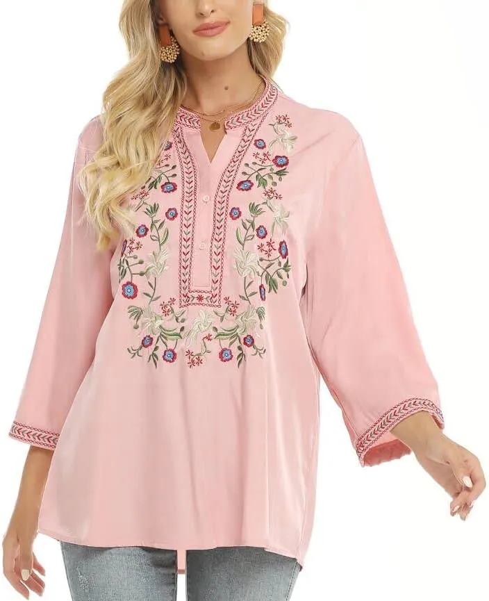 LauraKlein Women's Mexican Embroidered Tops Bohemian Clothes 3/4 Sleeve V Neck Boho Shirts Peasant Tunics Blouses