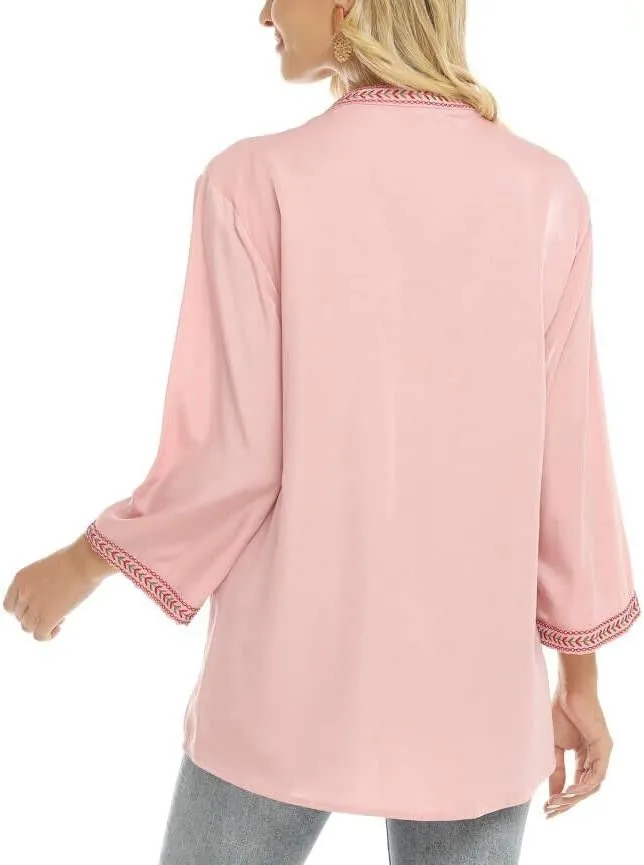 LauraKlein Women's Mexican Embroidered Tops Bohemian Clothes 3/4 Sleeve V Neck Boho Shirts Peasant Tunics Blouses