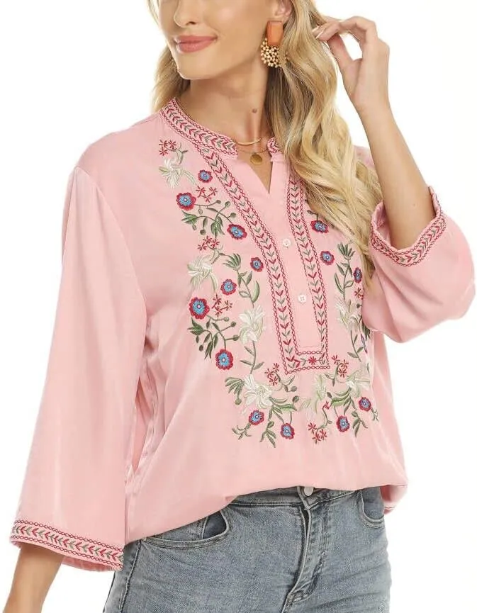 LauraKlein Women's Mexican Embroidered Tops Bohemian Clothes 3/4 Sleeve V Neck Boho Shirts Peasant Tunics Blouses