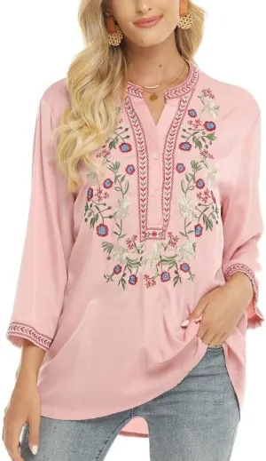 LauraKlein Women's Mexican Embroidered Tops Bohemian Clothes 3/4 Sleeve V Neck Boho Shirts Peasant Tunics Blouses