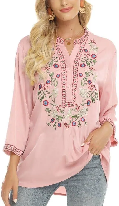 LauraKlein Women's Mexican Embroidered Tops Bohemian Clothes 3/4 Sleeve V Neck Boho Shirts Peasant Tunics Blouses