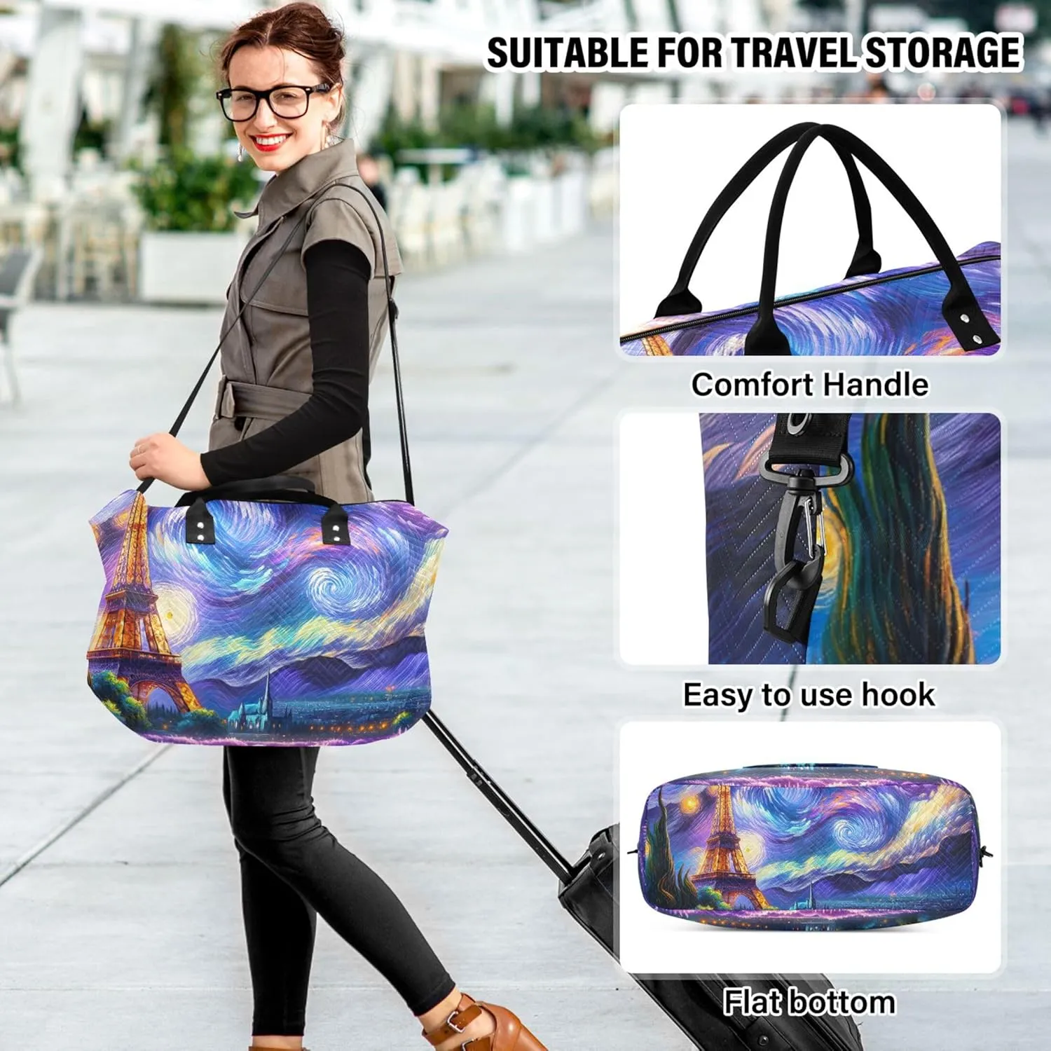 Lavender Flowers Starry Night Travel Duffle Women Makeup Bag Set of 2, Print Women Sports Duffle Bag Weekend Bag Duffel