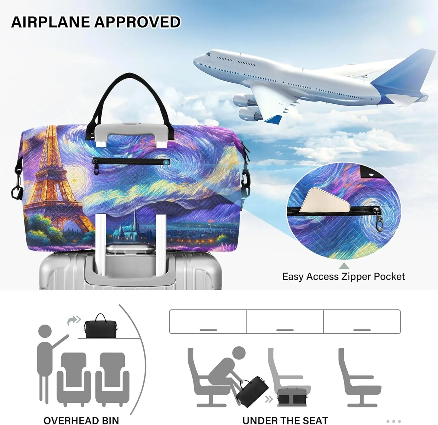 Lavender Flowers Starry Night Travel Duffle Women Makeup Bag Set of 2, Print Women Sports Duffle Bag Weekend Bag Duffel