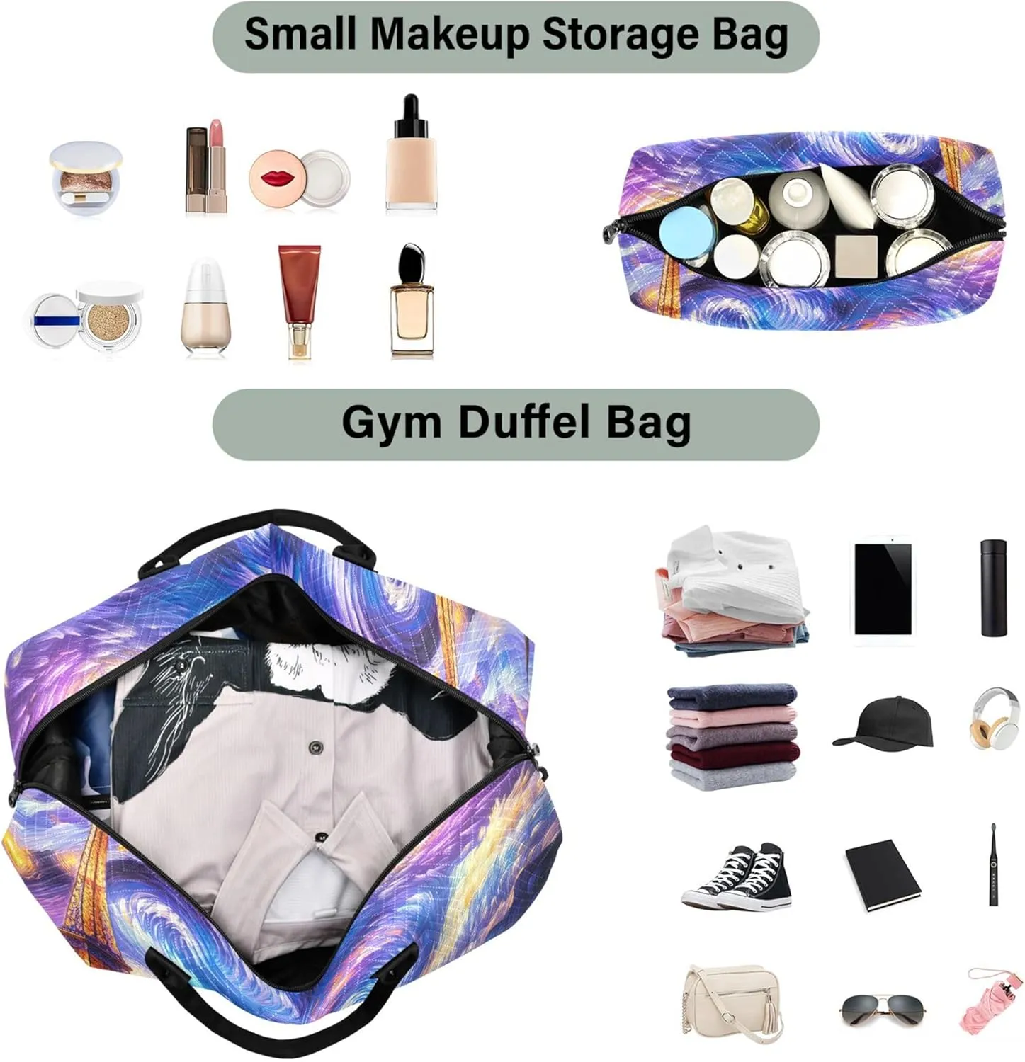 Lavender Flowers Starry Night Travel Duffle Women Makeup Bag Set of 2, Print Women Sports Duffle Bag Weekend Bag Duffel