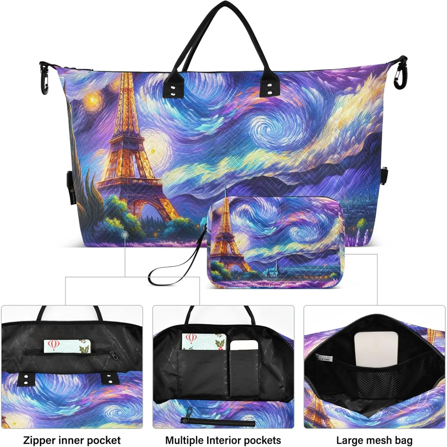 Lavender Flowers Starry Night Travel Duffle Women Makeup Bag Set of 2, Print Women Sports Duffle Bag Weekend Bag Duffel