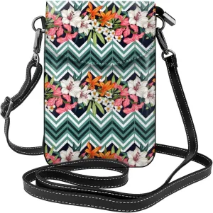 Leaf Floral Wave Crossbody Bag for Women PU Leather Small Travel Cell Phone Pouch Lightweight Mini Phone Purse Wallet Cross Body Shoulder Bags with Card Slots and Shoulder Strap