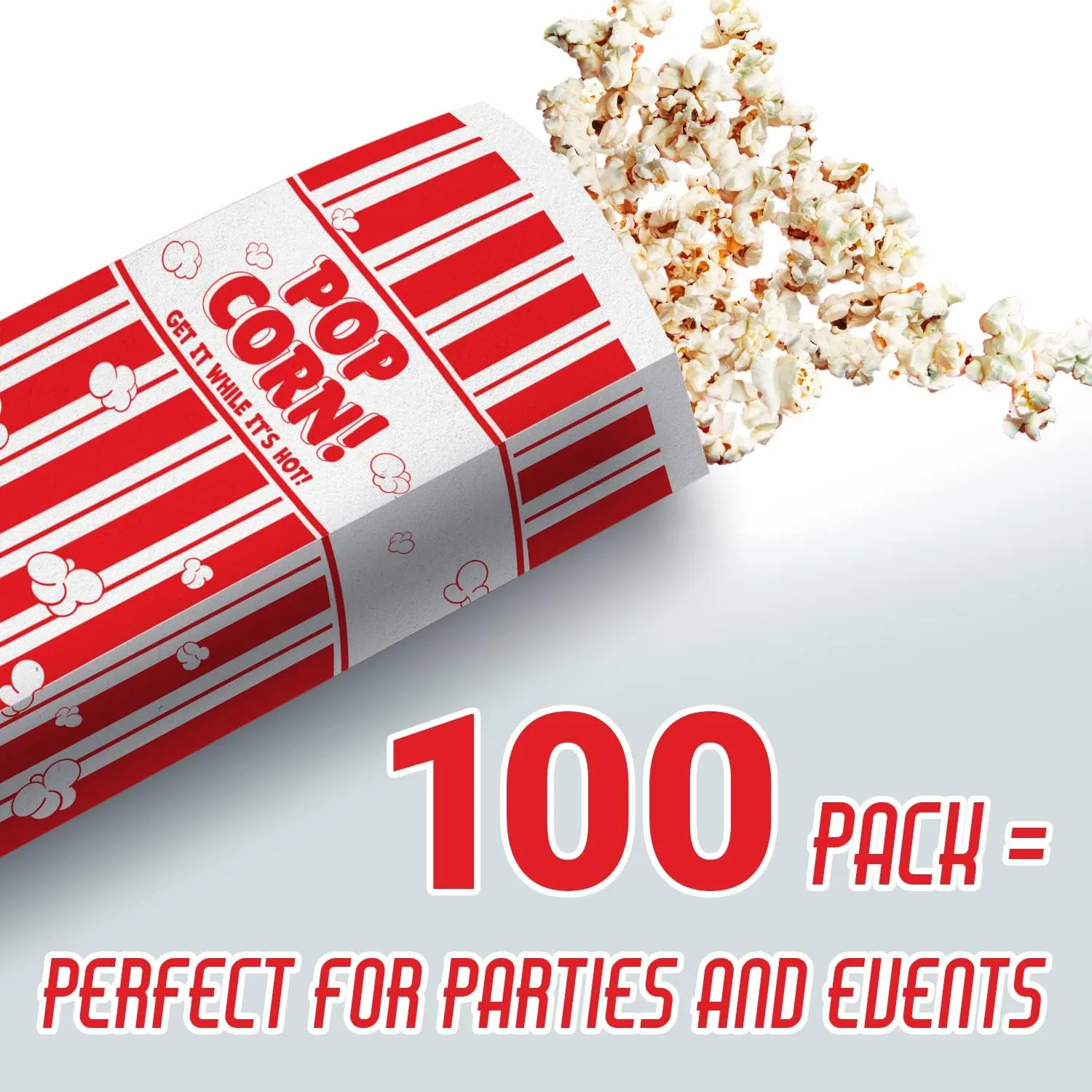Leak-proof, 2oz Grease Resistant Popcorn Bags 100 Pack. Tear Resistant, Single Serving Paper Sleeves in Nostalgic Red/White Design. Great Movie Theme Party Supplies, Retro Carnivals & Fundraisers