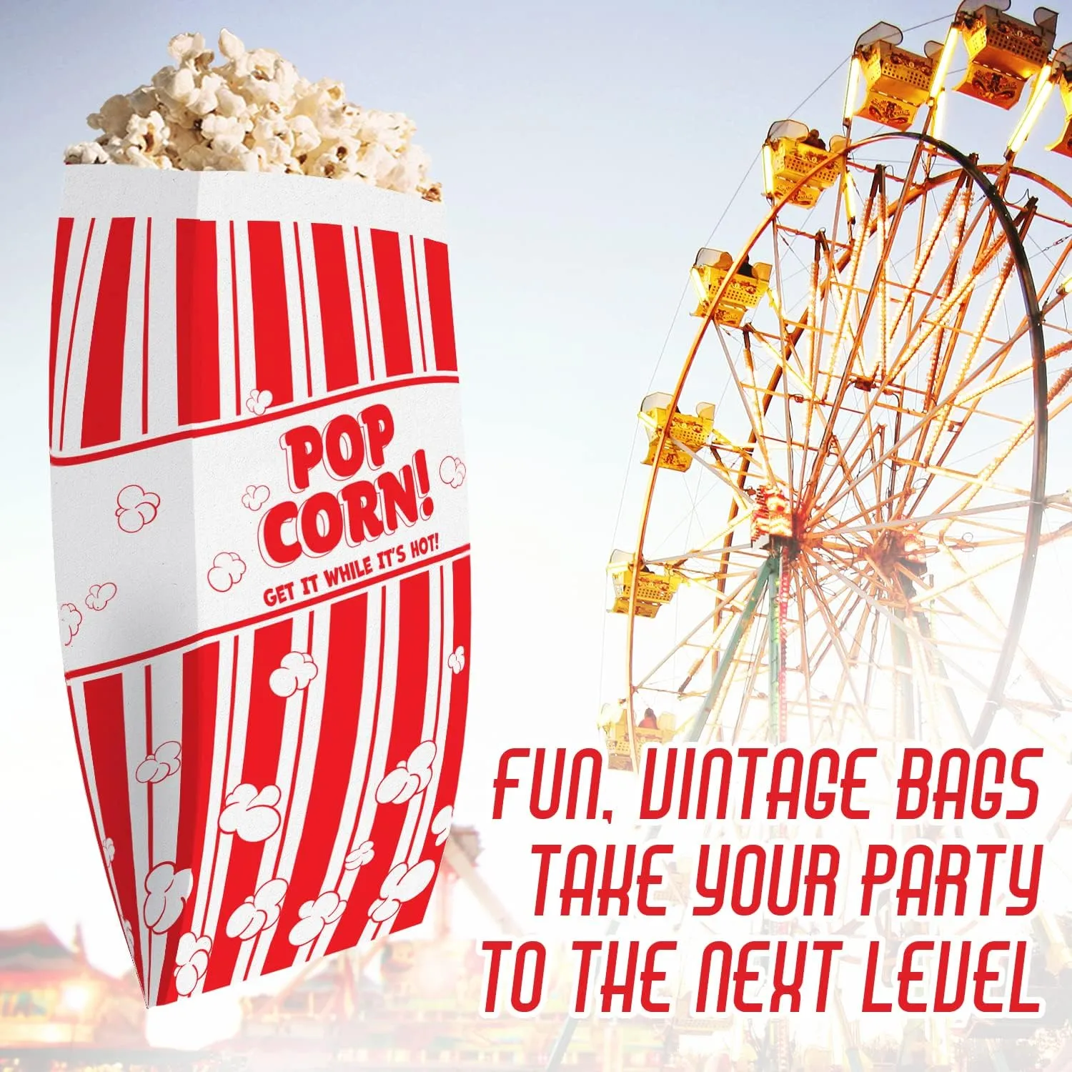 Leak-proof, 2oz Grease Resistant Popcorn Bags 100 Pack. Tear Resistant, Single Serving Paper Sleeves in Nostalgic Red/White Design. Great Movie Theme Party Supplies, Retro Carnivals & Fundraisers