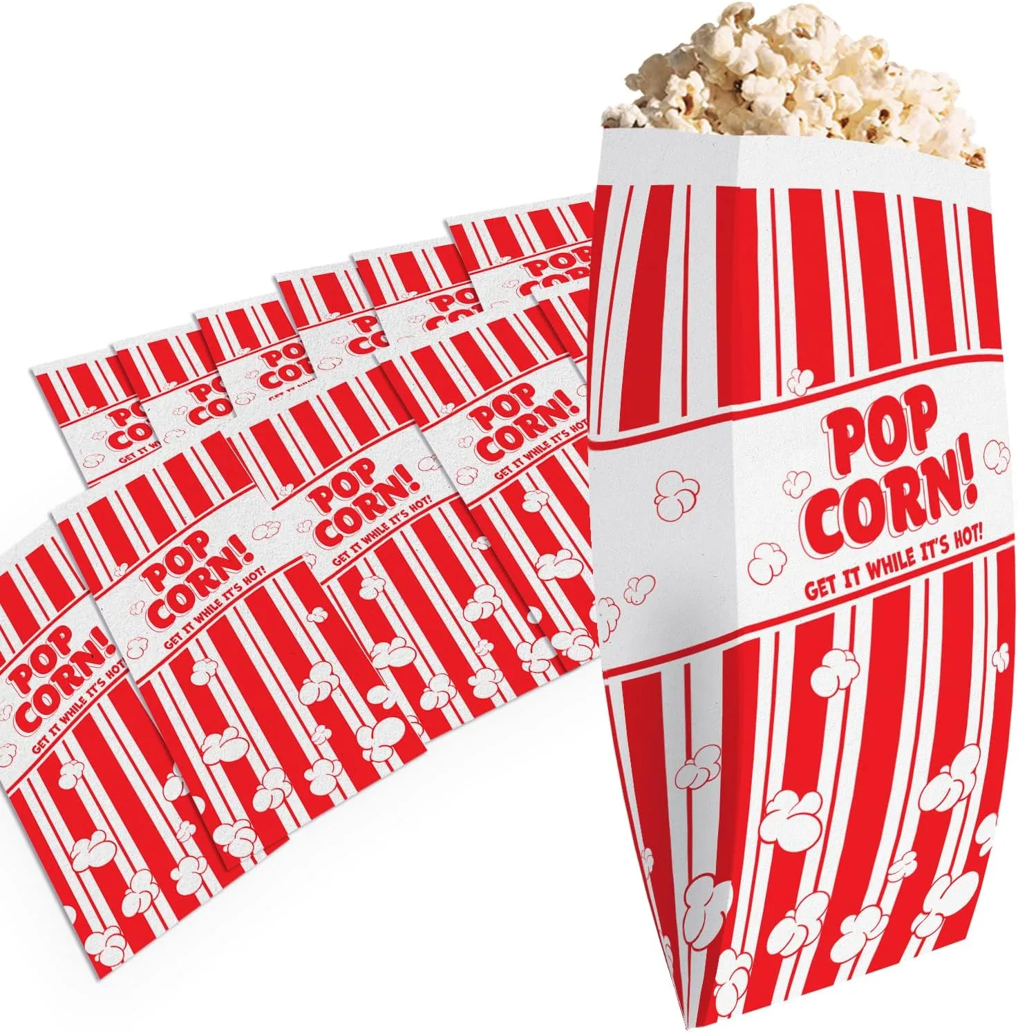 Leak-proof, 2oz Grease Resistant Popcorn Bags 100 Pack. Tear Resistant, Single Serving Paper Sleeves in Nostalgic Red/White Design. Great Movie Theme Party Supplies, Retro Carnivals & Fundraisers