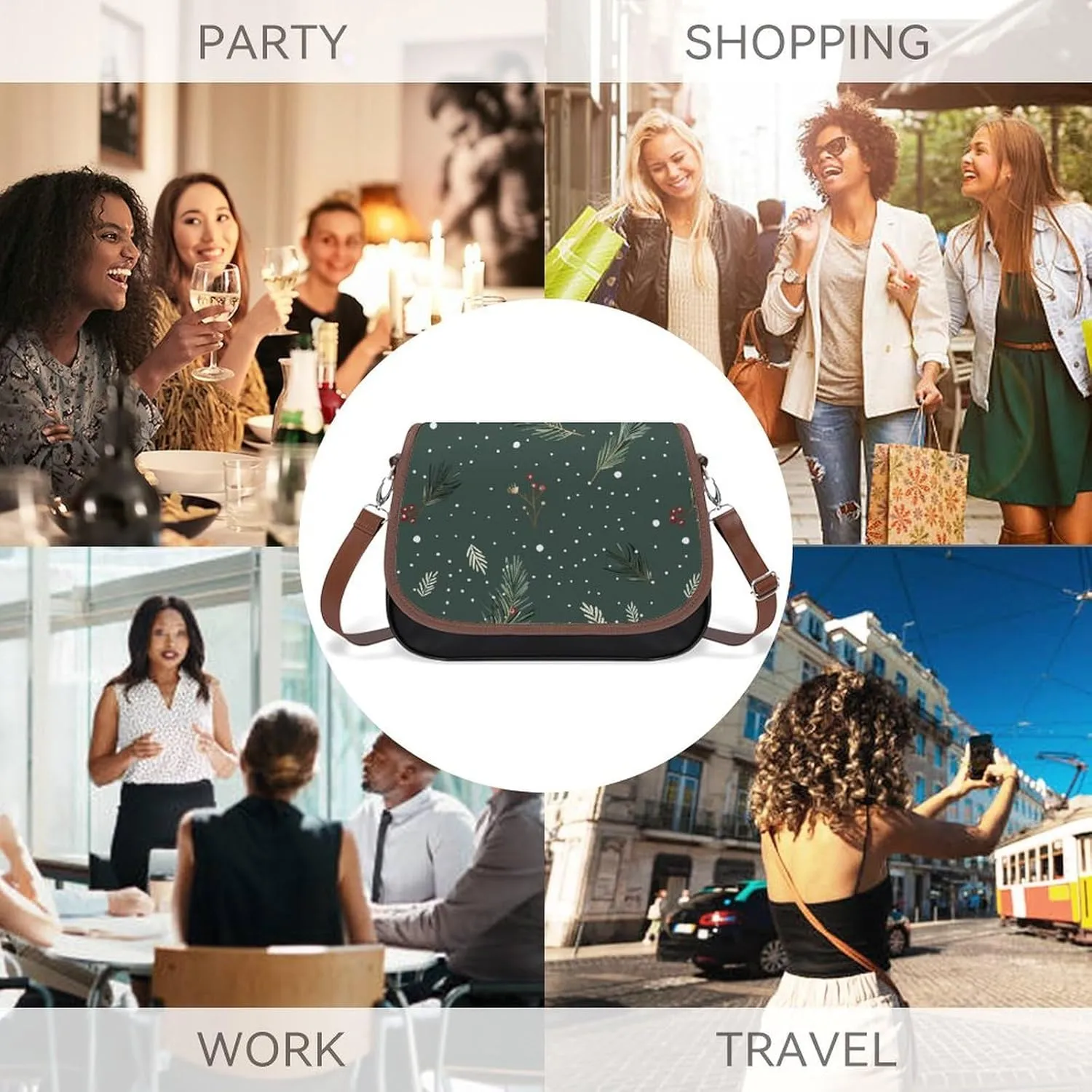 Leather Crossbody Bag for Women Small Pine Branch Detachable Strap Handbags Travel Purse Shoulder Bag for Daily Use