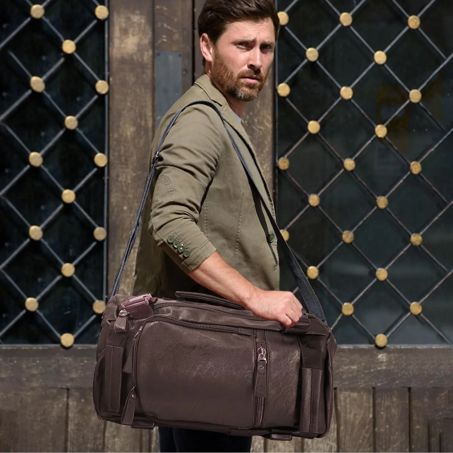 Leather Travel Bag Carry on Overnight Duffel Weekender Bag Sports Duffel bag Waterproof Tote Duffel Bag For men and Women -Brown
