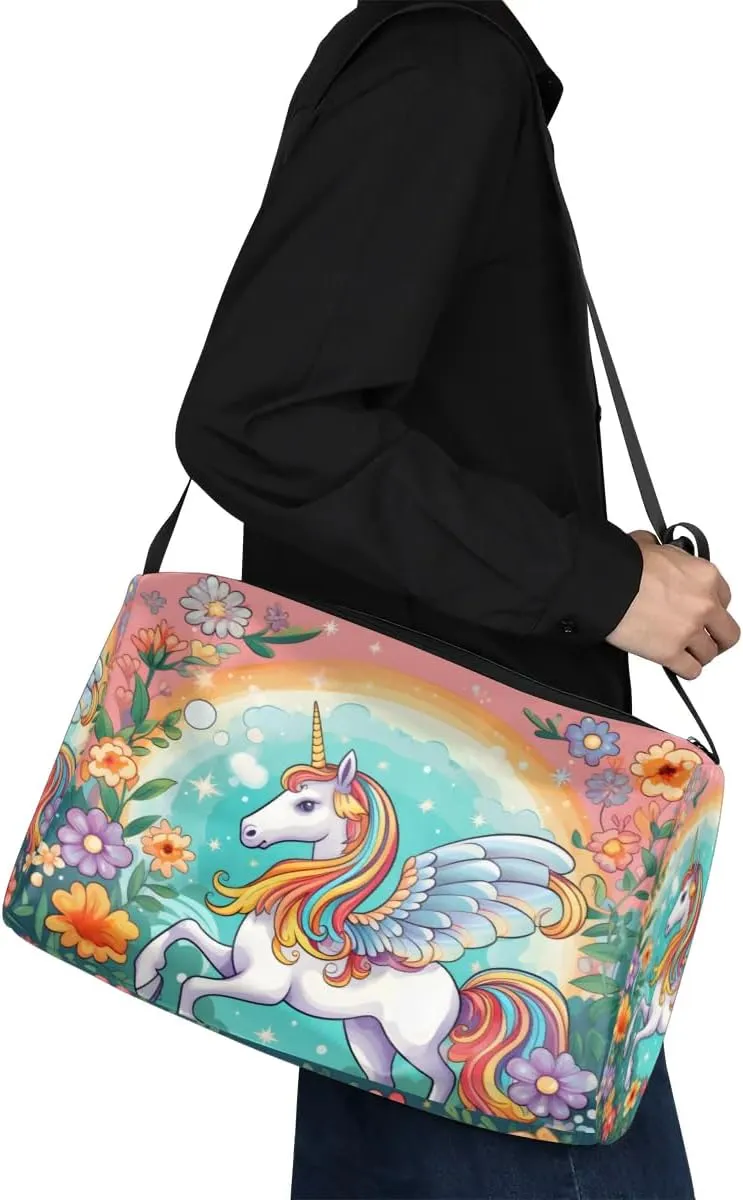 Leather Travel Duffle Bag for Women Men, Flower Floral Unicorn Animal Cute Small Sports Gym Bag Weekender Overnight Bags Underseat Carry on Luggage Bags for Airplanes, Personal Item Travel Bag,B-778