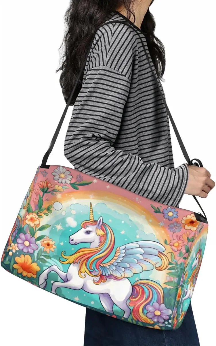 Leather Travel Duffle Bag for Women Men, Flower Floral Unicorn Animal Cute Small Sports Gym Bag Weekender Overnight Bags Underseat Carry on Luggage Bags for Airplanes, Personal Item Travel Bag,B-778