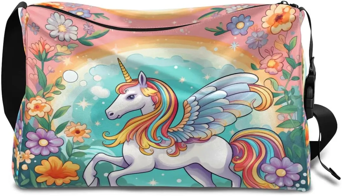Leather Travel Duffle Bag for Women Men, Flower Floral Unicorn Animal Cute Small Sports Gym Bag Weekender Overnight Bags Underseat Carry on Luggage Bags for Airplanes, Personal Item Travel Bag,B-778
