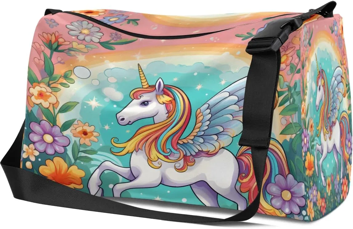 Leather Travel Duffle Bag for Women Men, Flower Floral Unicorn Animal Cute Small Sports Gym Bag Weekender Overnight Bags Underseat Carry on Luggage Bags for Airplanes, Personal Item Travel Bag,B-778
