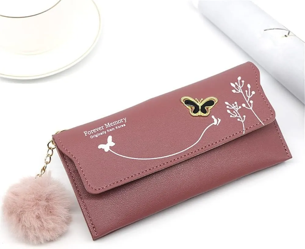 Leather Wallet Pu Leather Women's Wallet New Long Fashion Zipper Purse Clutch for Girls Creative Bow Portable Coin Pocket Card Holder Large Capacity (Be,9.5x19cm)