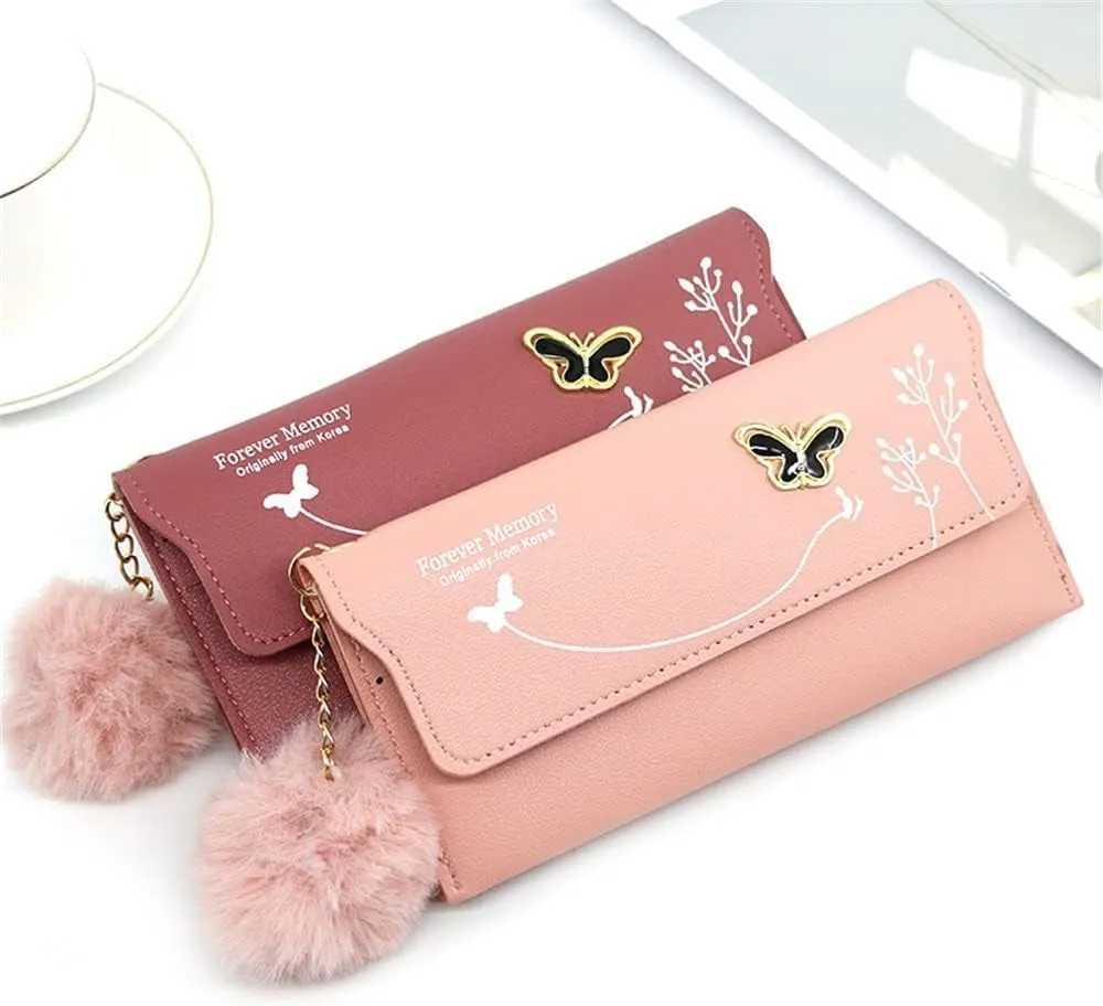 Leather Wallet Pu Leather Women's Wallet New Long Fashion Zipper Purse Clutch for Girls Creative Bow Portable Coin Pocket Card Holder Large Capacity (Be,9.5x19cm)