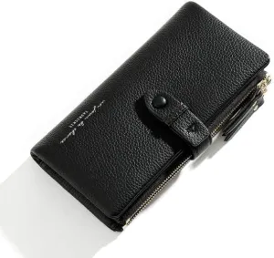 Leather Wallet Pu Leather Women's Wallet Simple Large Capacity Long Purse Clutch Ladies Girls Solid Color Zipper Coin Pocket Large Capacity (Black,10x19cm)