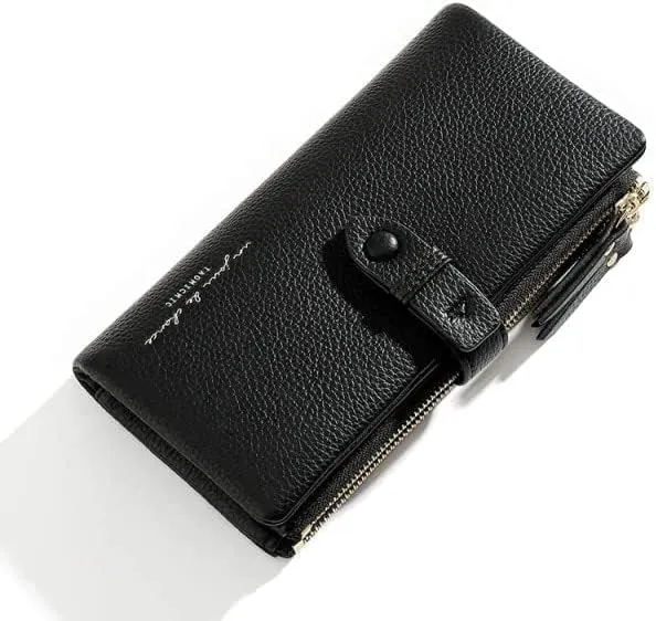 Leather Wallet Pu Leather Women's Wallet Simple Large Capacity Long Purse Clutch Ladies Girls Solid Color Zipper Coin Pocket Large Capacity (Black,10x19cm)