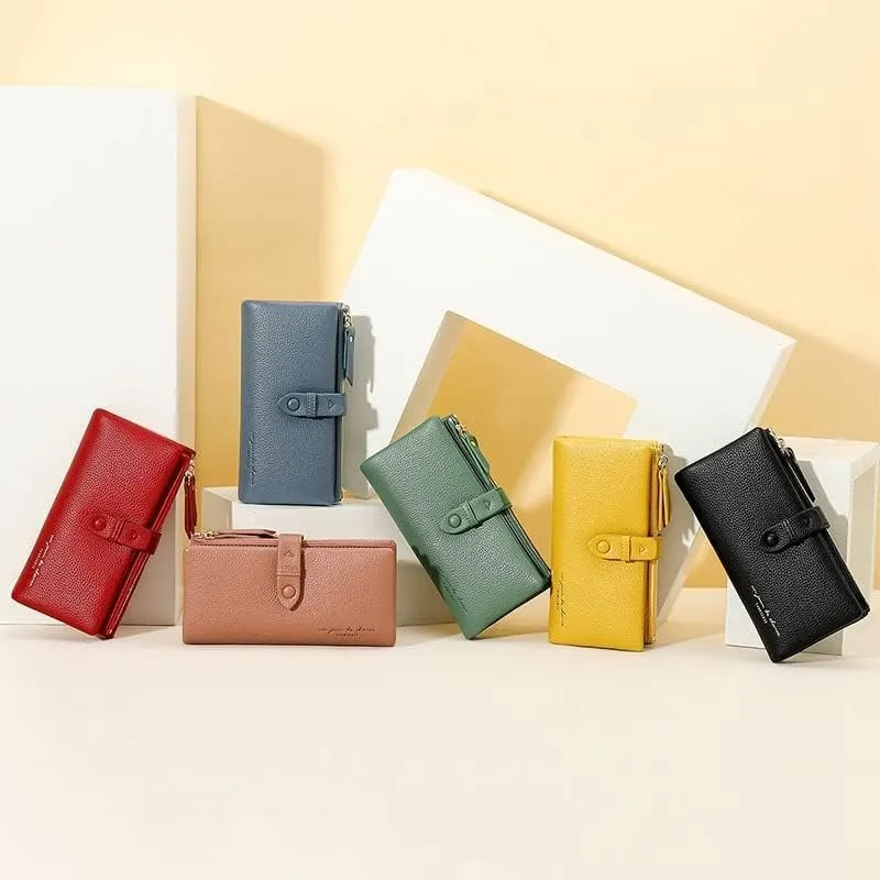 Leather Wallet Pu Leather Women's Wallet Simple Large Capacity Long Purse Clutch Ladies Girls Solid Color Zipper Coin Pocket Large Capacity (Black,10x19cm)